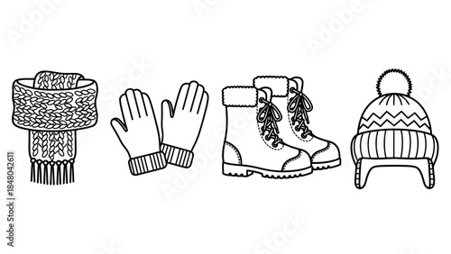 Winter Essentials: An illustration showcasing winter season essentials including a cozy scarf, warm gloves, durable boots, and a stylish winter hat.