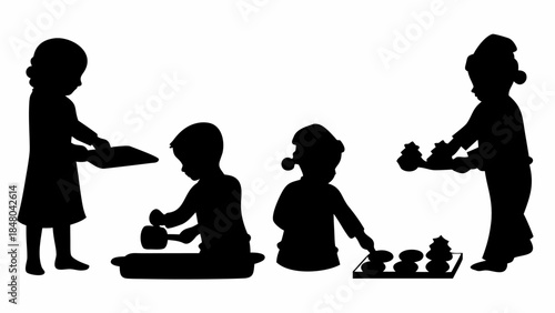 Children playing and serving food in a joyful family setting