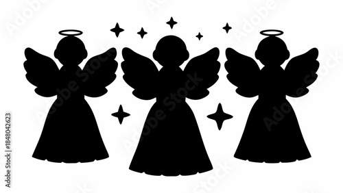 Three angelic silhouettes with halos and stars