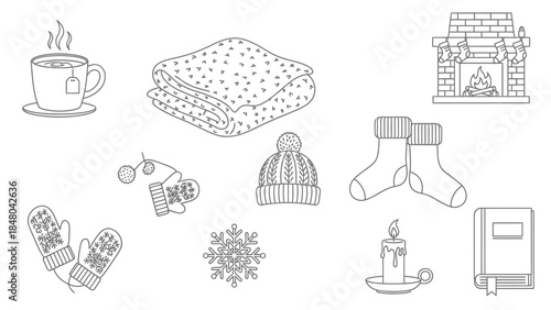 Cozy Winter Icons: A collection of charming line art illustrations that conjure images of warmth and relaxation during the winter season.