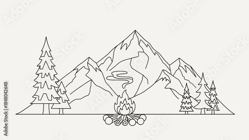 Nature's Embrace: A peaceful scene of mountains, trees, and a campfire. The outline style lends a sense of adventure and evokes the tranquility of the great outdoors.