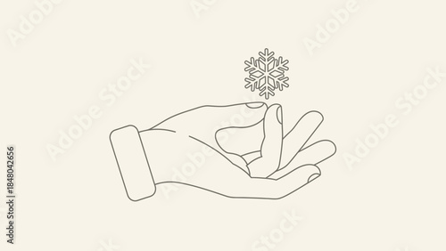Delicate Snowflake in Hand: A minimalist line drawing captures a hand delicately holding a single snowflake, creating a sense of peace and tranquility, emphasizing simplicity and the beauty of nature.