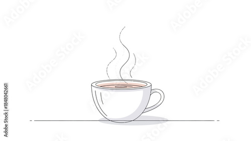 Steaming cup of drink: A minimalist depiction of a simple white ceramic cup, brimming with a warm drink, steam gracefully curling upwards, promising comfort and warmth.