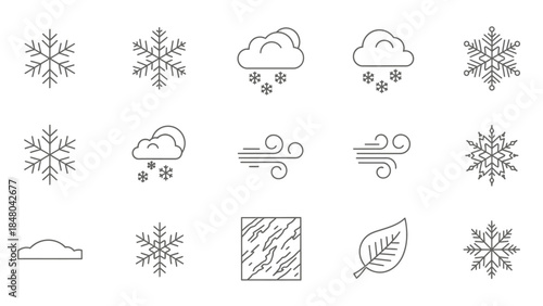 Weather Iconography: A collection of weather icons, depicting diverse seasonal elements. Each icon represents a single weather condition, such as snowfall, wind, cloud, sun, and leaf.