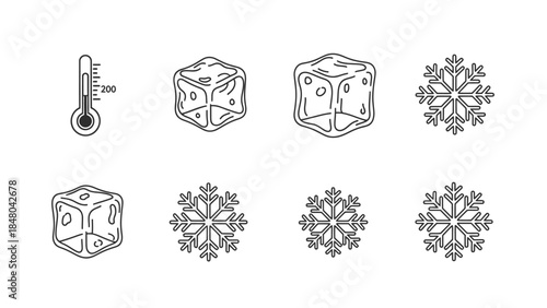 Icons of Cold: A collection of simple black line icons depicting the essence of cold: A thermometer indicates cold temperature, accompanied by depictions of ice cubes and a delicate snowflake.