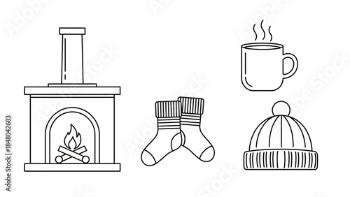 Cozy Winter Essentials: A charming illustration depicts the essence of winter warmth, featuring a fireplace with crackling flames, a steaming mug of cocoa, a pair of warm socks, and a snug beanie.