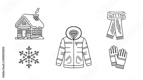 Winter Essentials: A collection of essential winter items including a snow-covered cabin, a warm jacket with a hood, a cozy scarf, snowflake, and a pair of gloves.