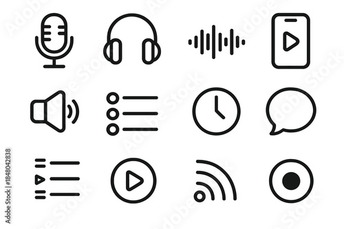 Podcast Icon Set. Podcast Platforms outline icons: microphone, headset, waveform, smartphone, speaker, playlist, clock, chat bubble, episode list, play button, RSS symbol,