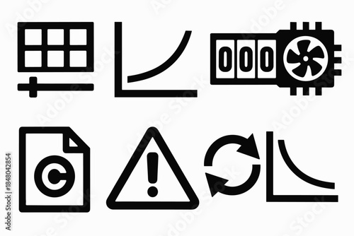 Brutalist Icon Set. Training Optimization silhouette set: batch size control icon, learning curve plot, epoch tracker, GPU usage meter, checkpoint file symbol, early stopping alert