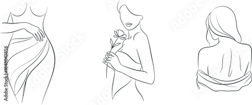 Triptych of three black and white sketches of people in various poses and garments