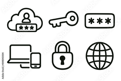 Remote Access Icons. Remote Access outline icons: cloud login, secure key, authentication code, lock symbol, device connection, globe icon.