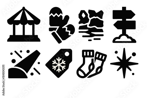 Carnival Snow Icons. Carnival in the Snow silhouette set: carousel canopy, wool mittens, icy ground, trail marker, gentle beam, holiday tag, warm socks, snowy sparkle