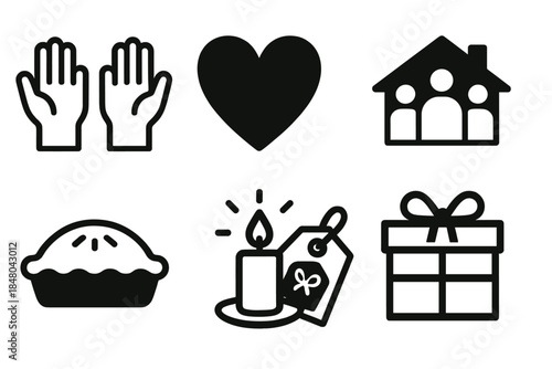 Thanksgiving Icon Set. Giving Thanks silhouette set: hands raised, open heart, home gathering, meal platter, pie dish, candle glow, thank-you tag, gift box