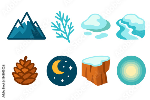 Alpine Frost Icons. Canadian Alpine Frost modern flat vector icons: mountain silhouette, frosted branch, snowdrift, frozen stream, pinecone, night sky, cliff edge, soft spotlight