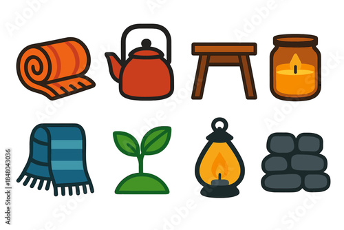 Lodge Retreat Icons. Lodge Retreat Essentials modern flat vector icons: blanket roll, warm kettle, wooden table, candle jar, wool scarf, plant sprout, soft lantern, stone wall