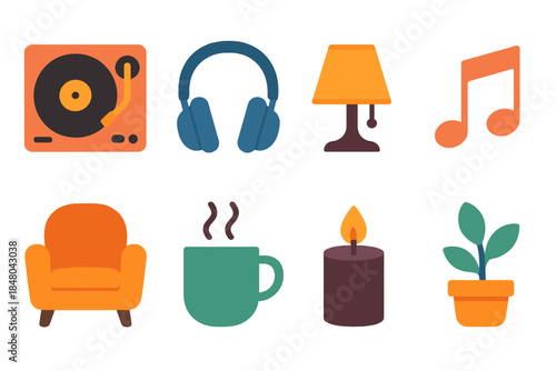 Chill Music Icons. Relaxed Listening Space modern flat vector icons: record player, soft headphones, dim lamp, music note, cushioned chair, warm drink mug, candle flame, small