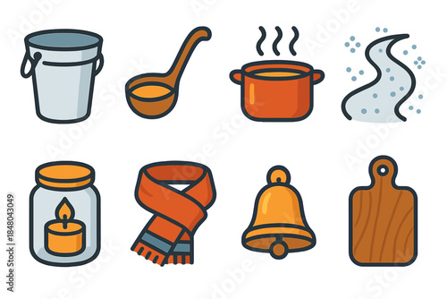 Maple Icons Set. Winter Maple Culture modern flat vector icons: sap pail, rustic ladle, steaming syrup pot, snow trail, candle jar, wool wrap, tiny bell, wooden board