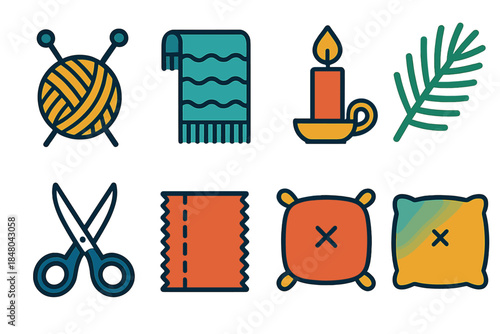 Winter Craft Icons. Winter Craft Studio modern flat vector icons: yarn ball, knitting needles, wool scarf, candle holder, pine sprig, craft scissors, fabric swatch, cozy cushion