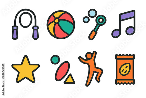 Energetic Icons Set. Playful Energy Boosts modern flat vector icons: jump rope, ball, bubbles wand, upbeat music note, doodle star, colorful shapes, dancing pose, small snack