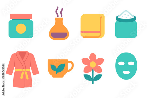 Vibrant Self-Care Icons. Nurturing Self-Care modern flat vector icons: lotion jar, aroma diffuser, soft towel, bath salts, comfy robe, herbal tea, flower bloom, soothing mask