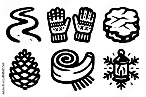 Brutalist Winter Icons. Frosty Maze Challenge silhouette set: winding snow trail, knitted gloves, icy patch, pinecone, scarf roll, snowflake, lantern glow, soft rug of snow