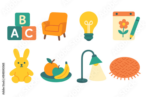 Cozy Learning Icons. Calm Learning Nook modern flat vector icons: alphabet block, reading chair, dim light bulb, drawing pad, plush toy, fruit plate, gentle spotlight, woven rug