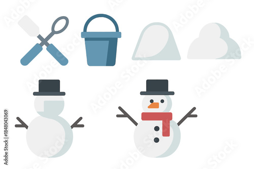 Snow Sculpture Icons. Snow Sculpture Fun in geometric flat style: sculpting tools, bucket, snow mound, snowman with hat, scarf, stick arms, coal eyes, carrot nose