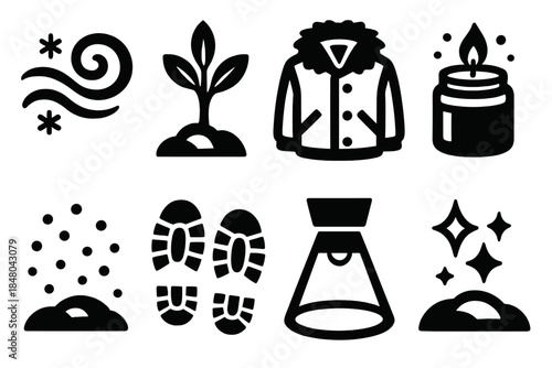 Seasonal Icon Set. Seasonal Wonder Moments silhouette set: delicate snow swirl, pine sprout, warm coat detail, candle jar, snow dust, boot prints, soft spotlight, snowy shimmer