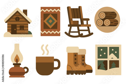 Cozy Cabin Icons. Rustic Winter Retreat in geometric flat style: wooden cabin, rug, rocking chair, firewood, lamp, steaming mug, snow boots, window view