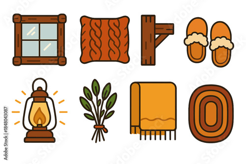 Rustic Cabin Icons. Rustic Cabin Comfort modern flat vector icons: cabin window, knitted pillow, wooden beam detail, warm slippers, lantern glow, herb bundle, wool throw, floor mat