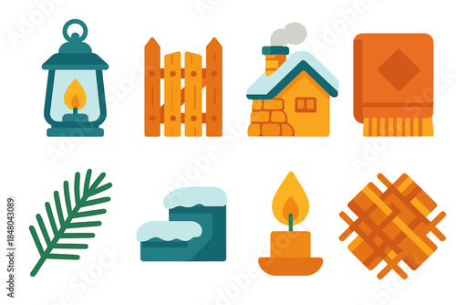 Highland Village Icons. Highland Village Mood modern flat vector icons: frosted lantern, wooden gate, cottage chimney, warm textile, pine branch, snowy step, candle flame, woven