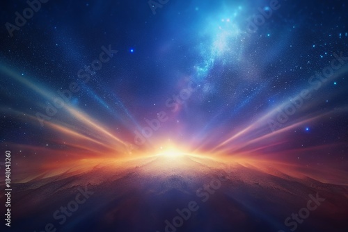 Vibrant cosmic explosion over majestic mountain range at sunset