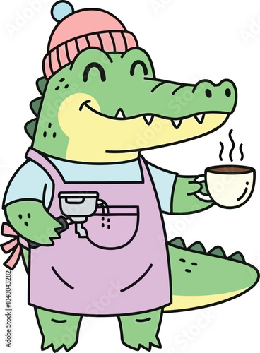 Cartoon crocodile reading smiling with big bone cute green mascot vector illustration