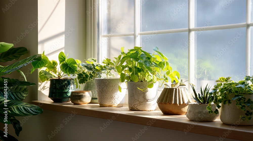 Fototapeta premium Plants in pots line windowsill, dappled light and airy atmosphere