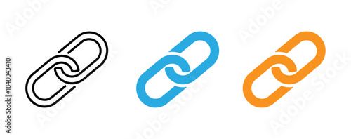 A set of three colorful chain link icons in black blue and orange on a white background