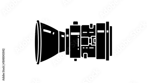 Silhouette of a professional camera lens with detailed elements for photography enthusiasts