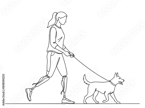 Woman with prosthetic legs walking dog on leash
