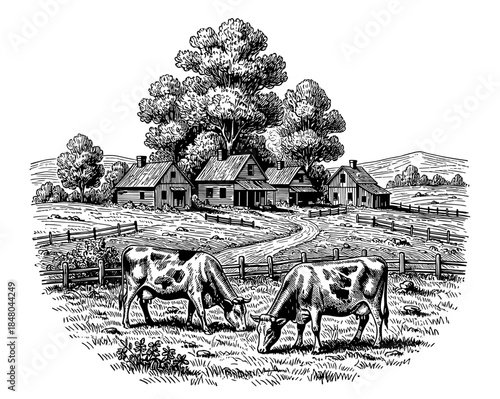 Rural farm scene with cows grazing near wooden fence