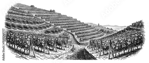Vintage vineyard on terraced hills