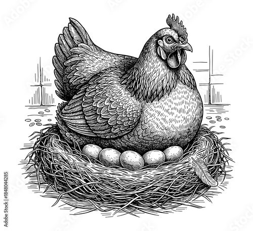 Vintage hen on nest with eggs
