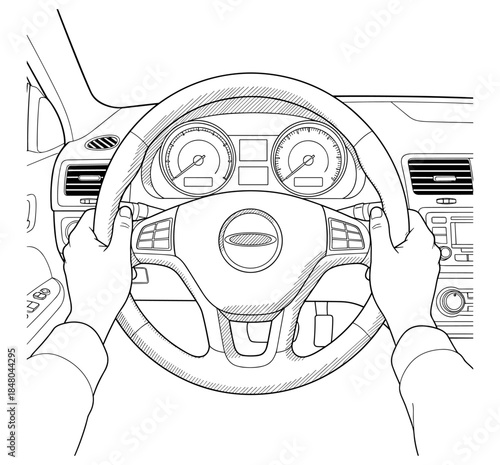 Driver's view of steering wheel and dashboard