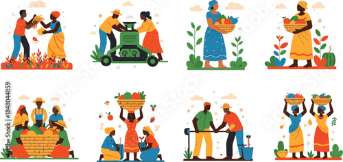 Community farmers harvesting vegetables together, sustainable agriculture teamwork illustration, rural people gardening, organic food production, flat vector style,