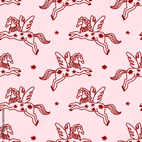 Seamless pattern with pegasus and stars.