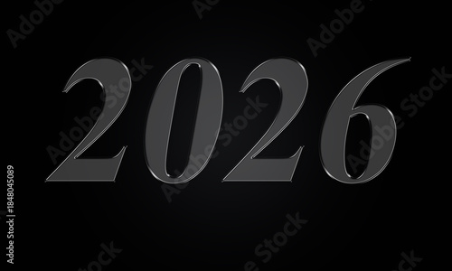 Stylish 2026 New Year typography in dark metallic black on black background, elegant modern number design concept for calendar, celebration, branding and posters