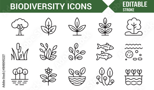 Nature protection and biodiversity outline icons set
