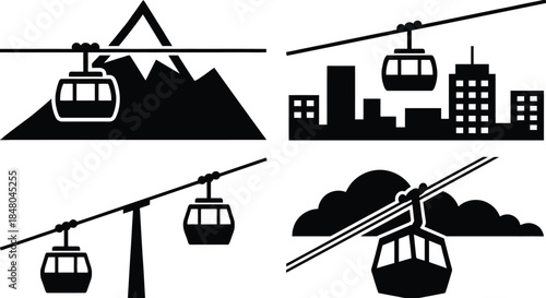 Cable Car Silhouette Vector Set | Hanging Cabin Transportation