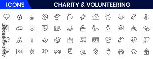 Volunteering and charity web icons in line style. Donate, donor, doctor, care, help, support, collection Vector illustration.