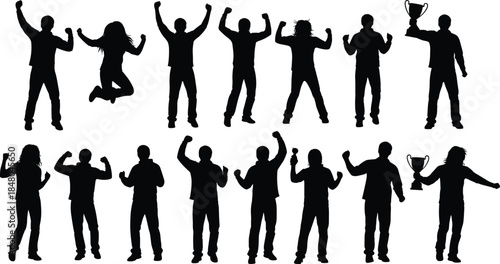 Celebrating People Silhouettes Set, Successful Men And Women Poses, Winners With Trophies, Achievement Figures, CAD Drawing, Flat Vector Illustration, Graphic.
