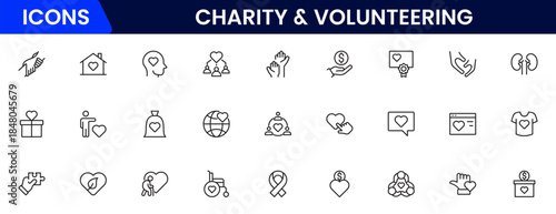 Volunteering and charity web icons in line style. Donate, donor, doctor, care, help, support, collection Vector illustration.