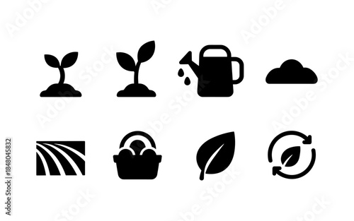 Collection of simple black icons representing agriculture and growth